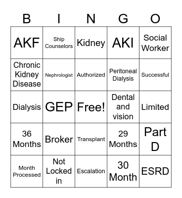 Dialysis Bingo Card