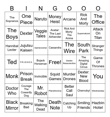 Shows you have seen Bingo Card