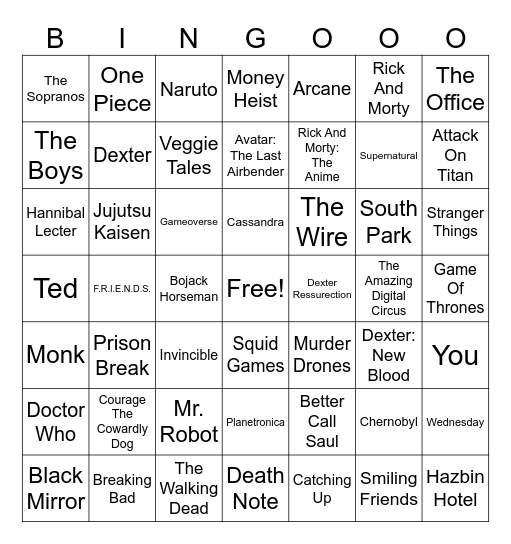 Shows you have seen Bingo Card