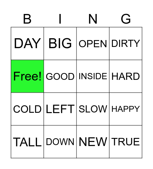 ANTONYMS Bingo Card