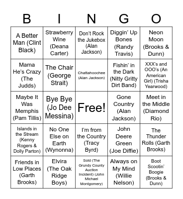 80's/90's Country Bingo Card