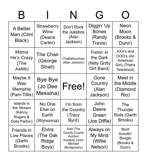 80's/90's Country Bingo Card
