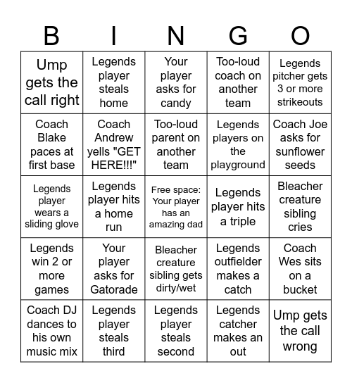 Father's Day on the Field Bingo Card