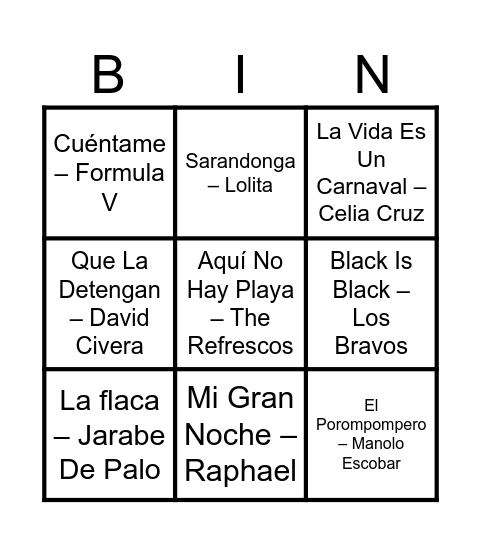 Bingo Musical Bingo Card