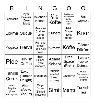 Turkish Food Bingo Card