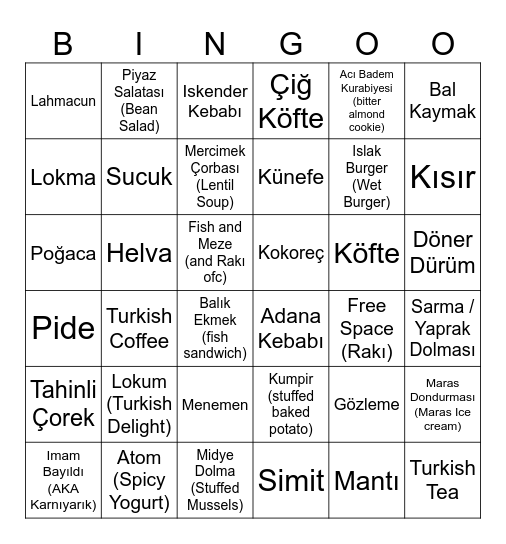 Turkish Food Bingo Card
