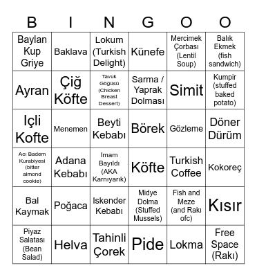 Turkish Food Bingo Card