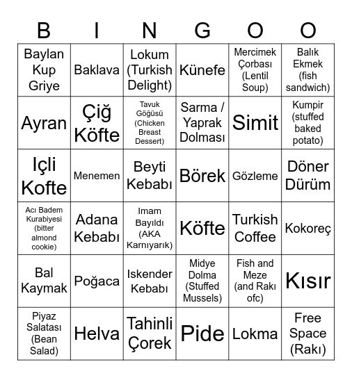 Turkish Food Bingo Card