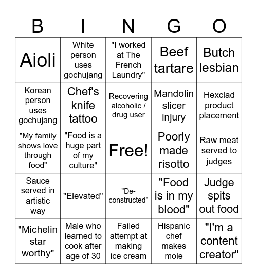 Cooking Show Bingo Card