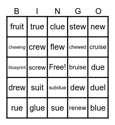 UFLI Lesson 90 ew, ui, ue Bingo Card