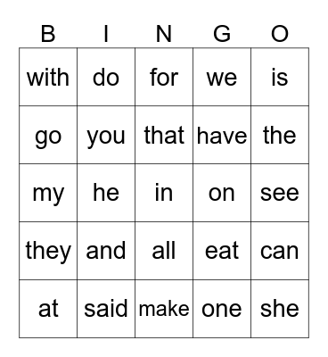 Sight Words Bingo Card