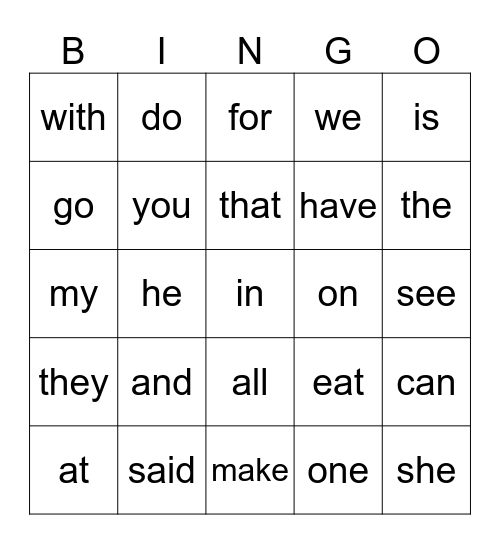 Sight Words Bingo Card