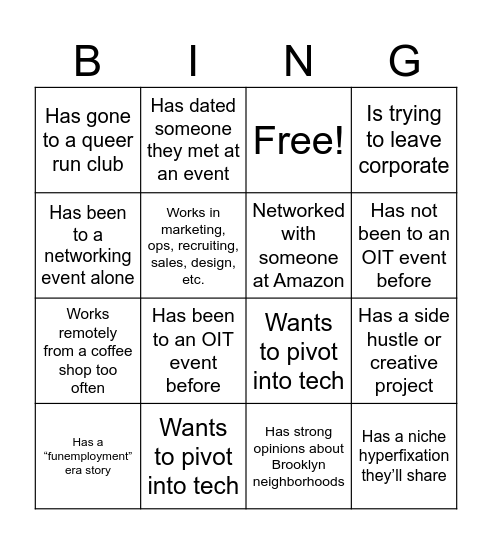 Out in Tech x Amazon Beyond Code: Networking Bingo Card
