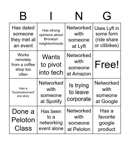 Out in Tech x Amazon x Lyft x Peloton x Spotify x Google Networking Bingo Card