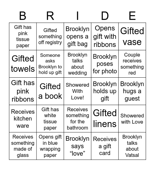 Bridal Shower Bingo Card