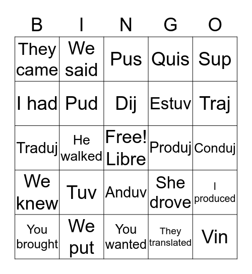13 Verbos Irregulares Bingo Card