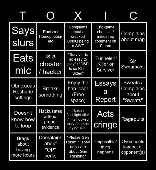 Toxic DBD Streamer Bingo Card
