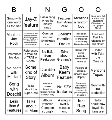 Kendrick Lamar Album Bingo Card