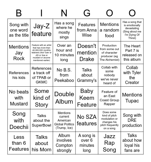 Kendrick Lamar Album Bingo Card