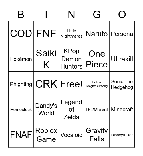 Cosplay Bingo Card