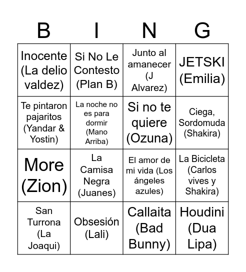 Bingo Musical Bingo Card