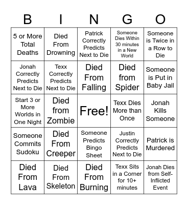 Hardcore Minecraft Bingo Card