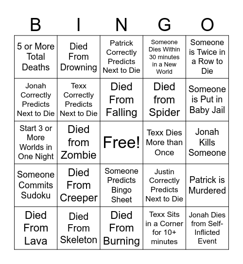 Hardcore Minecraft Bingo Card
