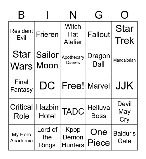 Cosplay Bingo! Bingo Card