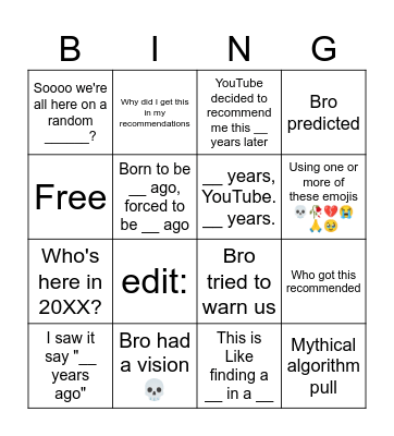 Unfunny YouTube Recommendation Comments Bingo Card