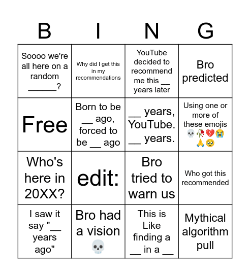 Unfunny YouTube Recommendation Comments Bingo Card