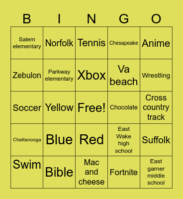 Ethan Bingo Card