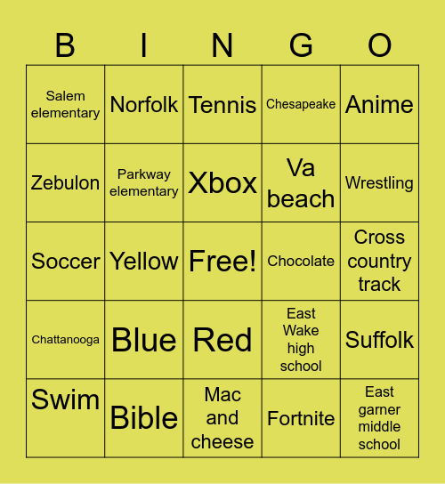 Ethan Bingo Card