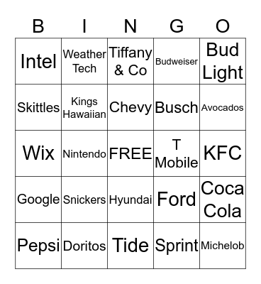 Superbowl Commercial Bingo Card