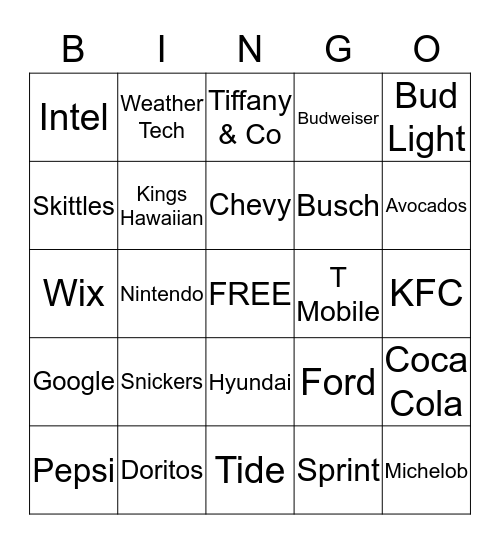 Superbowl Commercial Bingo Card