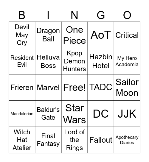 Cosplay Bingo! Bingo Card