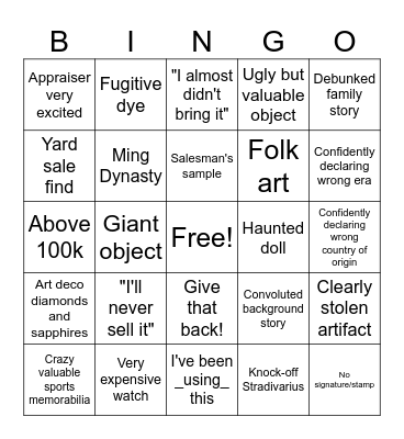 Antiques Roadshow Bingo Card