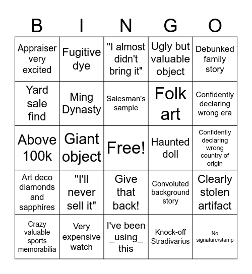Antiques Roadshow Bingo Card