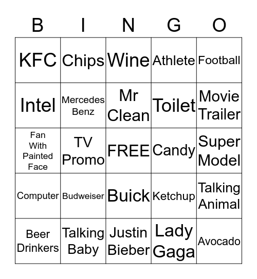 SUPER BOWL 2017 COMMERCIALS Bingo Card