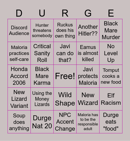 DinnerandDunks with Mary Bingo Card