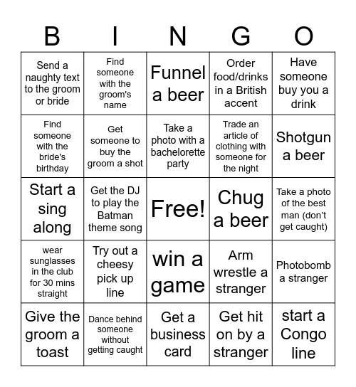 Bachelor Party Bingo Card