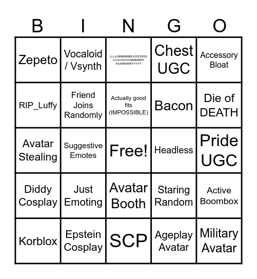 Catalog Avatar Creator Bingo Card