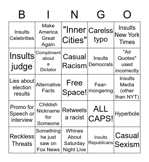 Trump Tweet Bingo Card