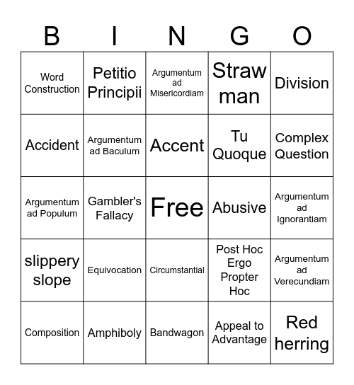 Logical Fallacy Bingo Card