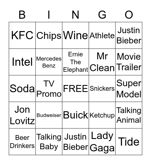 SUPER BOWL 2017 COMMERCIALS Bingo Card