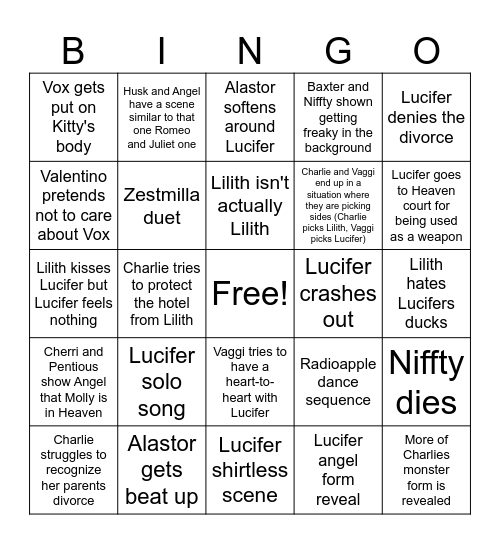 Hazbin Season 3 Bingo Card
