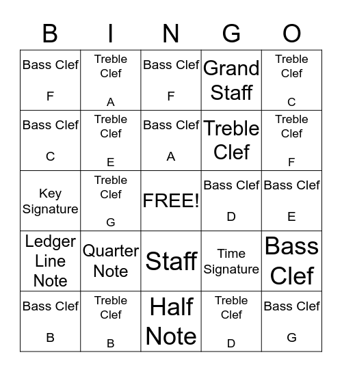 Mr. C's Musical Bingo Card