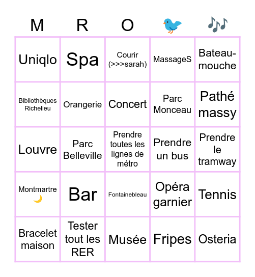 PARIS Bingo Card