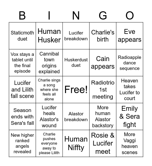 Hazbin Season 3 Bingo Card