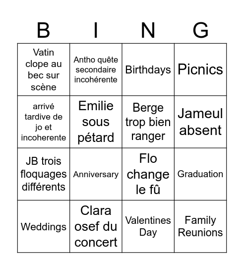 Special Days Bingo Card