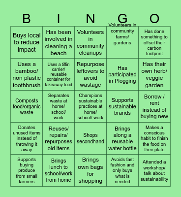 GreenSteps to Sustainability Bingo Card